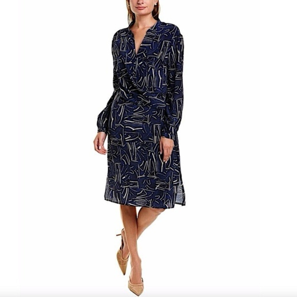 St. John 100% silk long sleeve dress Medium blue abstract artistic cocktail